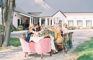 bridal party toasting at table outdoors